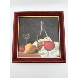 Small Signed Vintage Kitchen Still Life Oil Painting 8” Fruit And Wine Framed